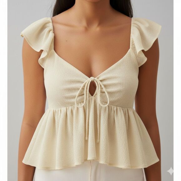 Urban Outfitters Sierra Keyhole Blouse Womens Small Ivory Y2K Babydoll Crop - Picture 2 of 14